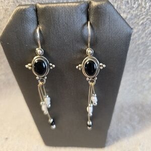 Onyx and Silver Dangle Earrings With Pearl & Black Bead Dangles Measure 2"
